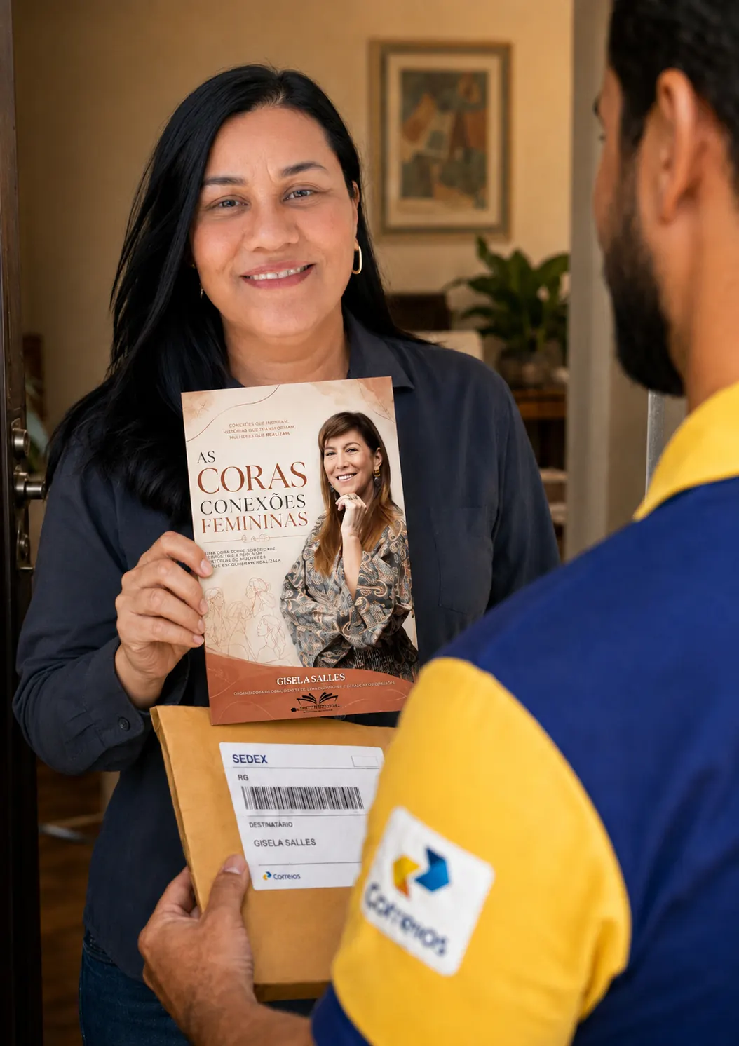 Leitora recebendo em casa o livro As Coras — Conexões Femininas entregue pelos Correios