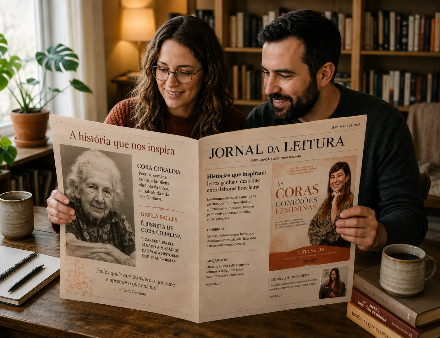 Casal lendo o Jornal da Leitura com destaque para o livro As Coras — Conexões Femininas